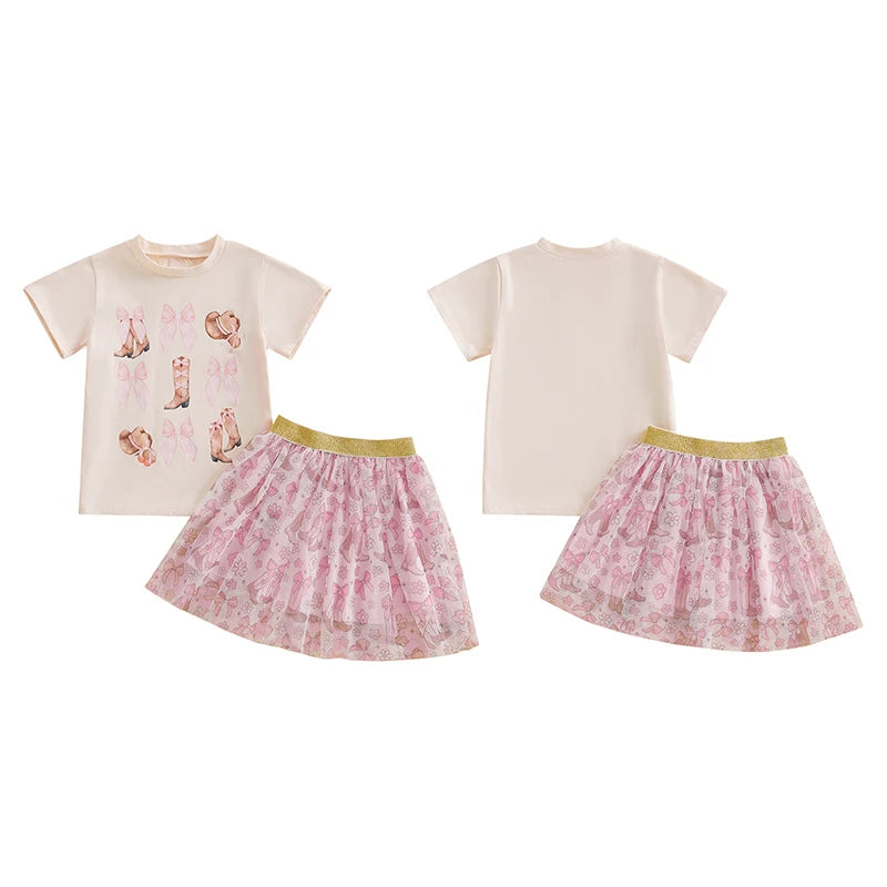 2pcs Kids Girls Summer Clothes Set Short Sleeve Bow Boots Print T Shirt and Tulle Skirt 0-5Y