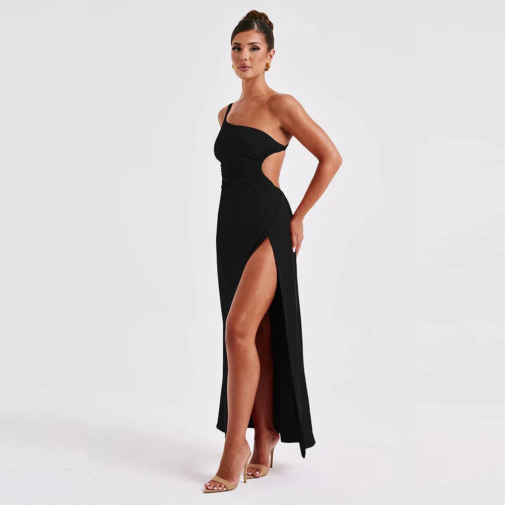 One Shoulder Split Maxi Dress - Women Backless Tie Detail Dress