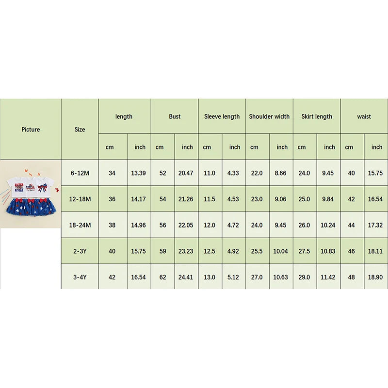 0-4Y Summer Kids Girls USA Clothes Set Short Sleeve Letter Bow Embroidery T Shirts Star Tulle Skirt