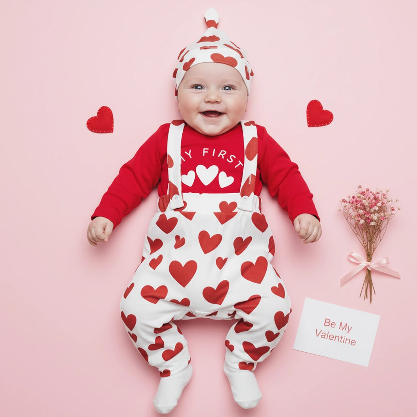 Baby Boys Valentine's Day Outfit Set - Heart Print Romper with Suspender Pants & Hat 0-18M