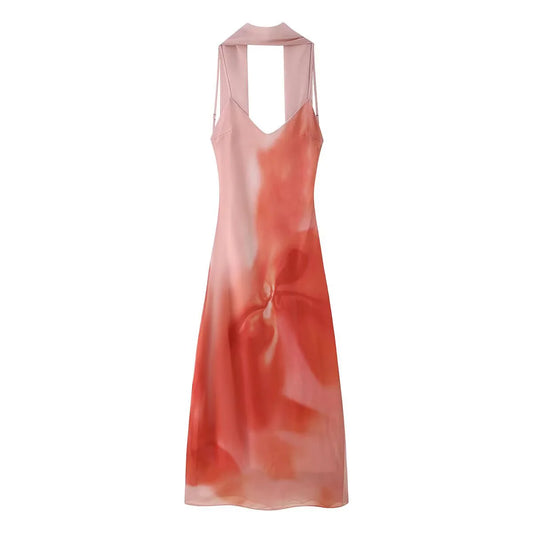 Women's Tie Dye Suspender Dress - Slim Fit Long Maxi Dress with Scarf