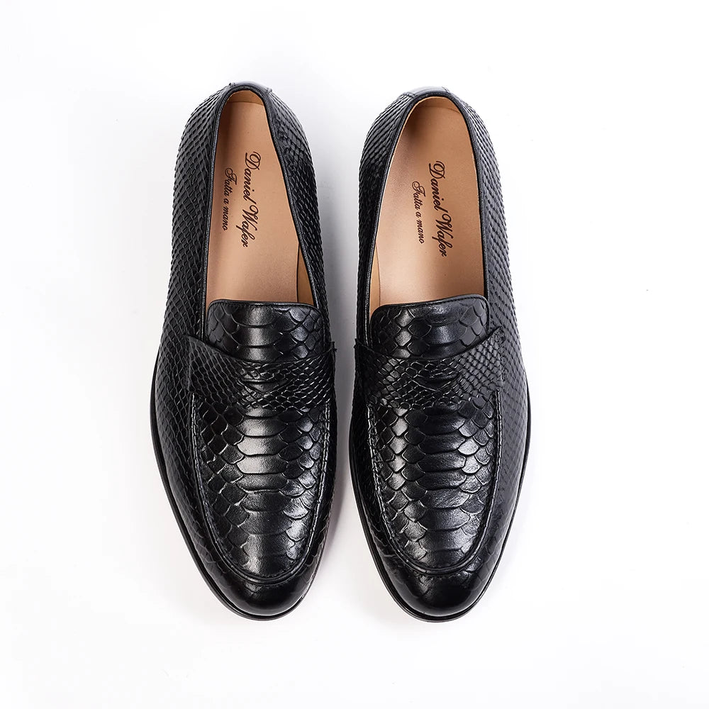 Men's Genuine Leather Snake Pattern Loafers – Pointed Slip-On Dress Shoes
