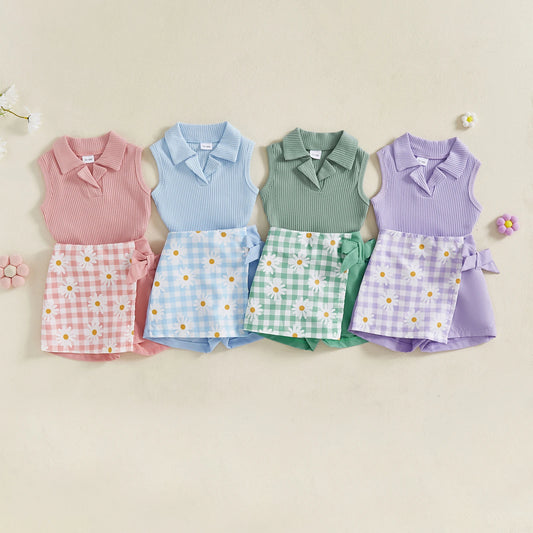 Girls' Sleeveless Collared Tank Top & Floral Plaid Skirt Shorts Two-Piece Set | Summer Outfit | 18M–5T