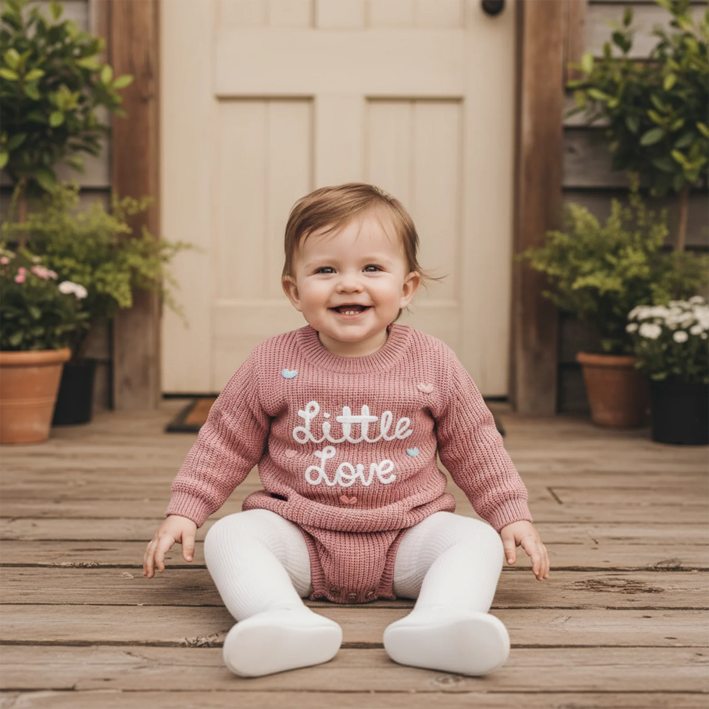 Valentine's Day Baby Knit Romper - Long Sleeve Heart Embroidery Jumpsuit