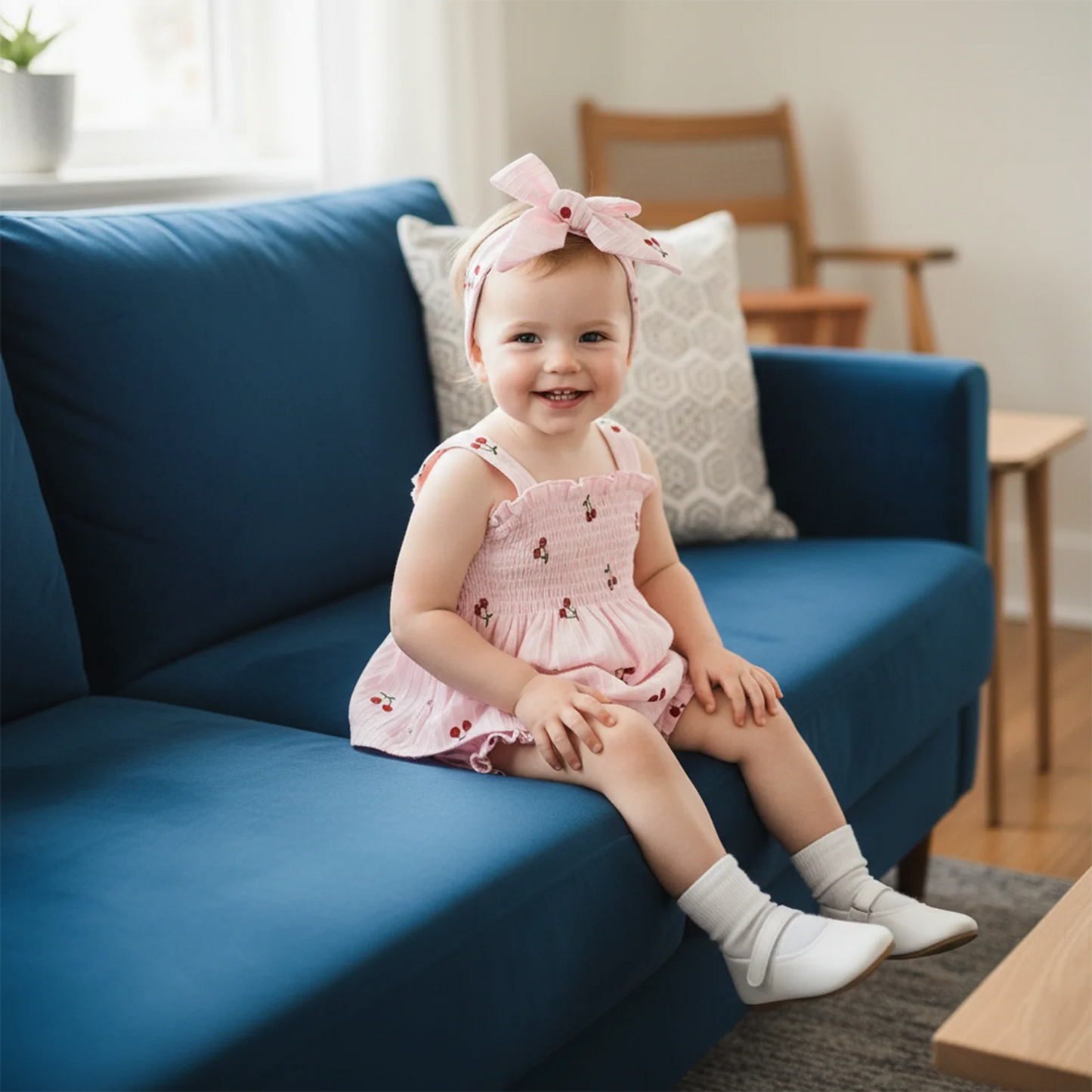 Baby Girls Summer Outfit Set - Cherry Print Square Collar Top with Ruffled Shorts & Headband 0-24M