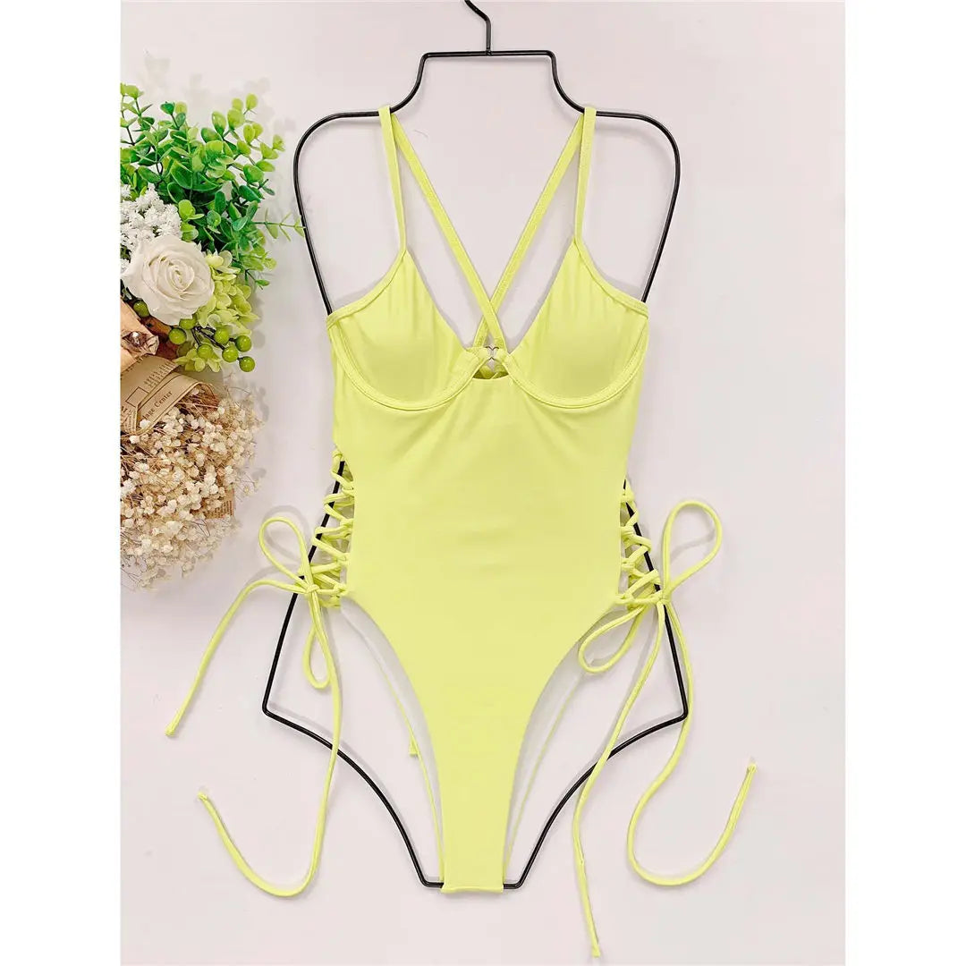 Women's Lace Up Underwired One Piece Swimwear Backless Swimsuit