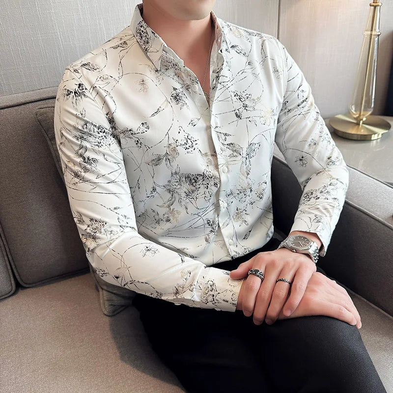 Men's Print Shirt - Slim Fit Long Sleeve Turn Down Collar Shirt