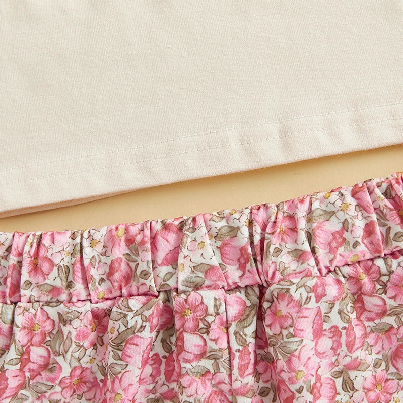 0-4Y Kids Girls Easter Clothes Set Rabbit Floral Print Short Sleeve Ruffled Tops Elastic Waistband Shorts