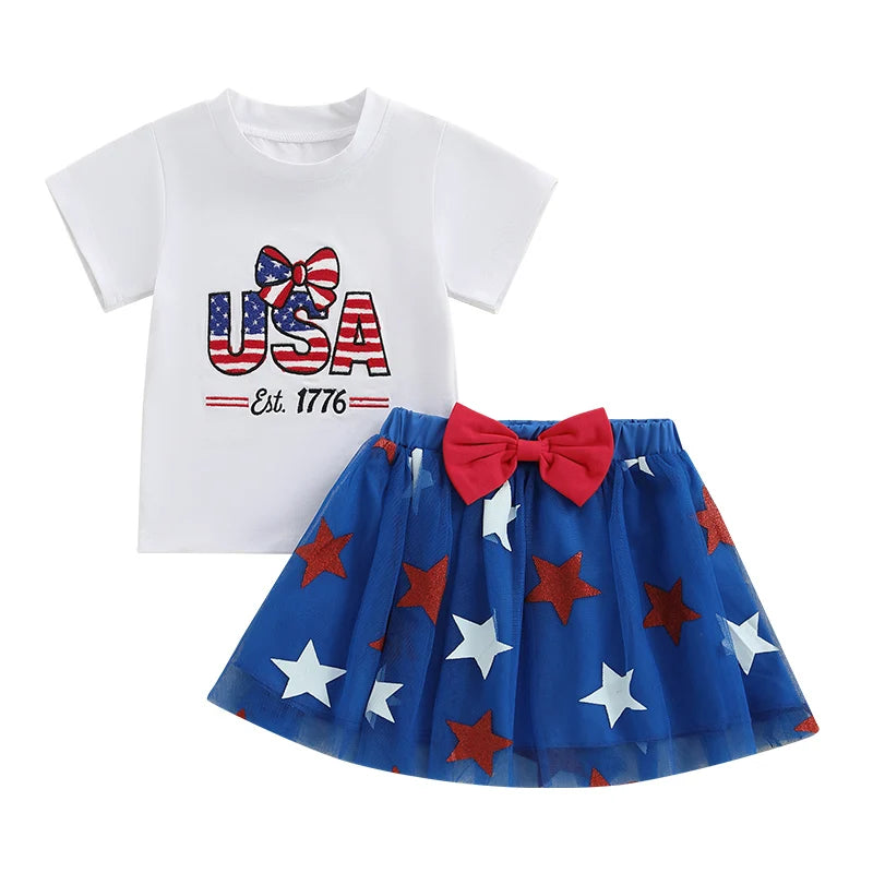 0-4Y Summer Kids Girls USA Clothes Set Short Sleeve Letter Bow Embroidery T Shirts Star Tulle Skirt