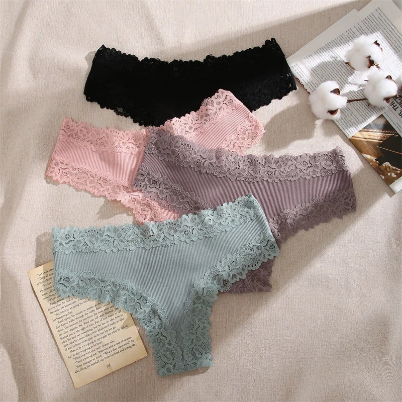 5PCS Women Cotton Lace Underwear Low Waist Briefs Breathable G-String Lingerie