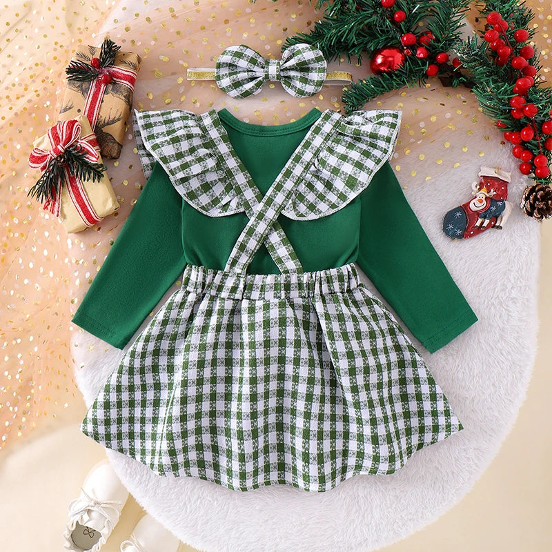 0-18M  Baby Girls Christmas Clothes Sets - Romper Cartoon Doll Embroidery Suspender Skirt Headband