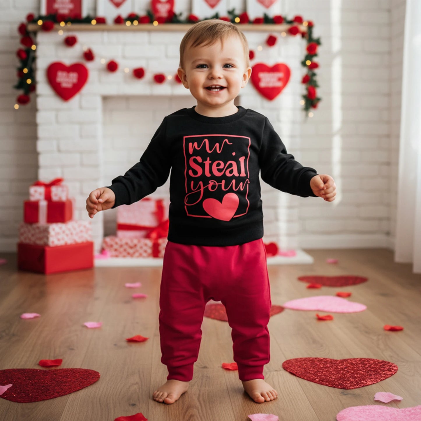 Baby Boys Valentine's Day Outfit Set - Heart Print Sweatshirt & Pants