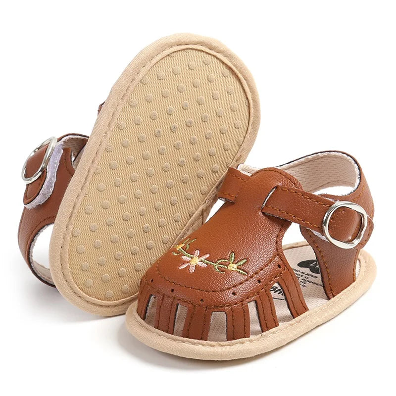 Newborn Baby Sandals PU Leather Non-slip Flower Embroidery Summer Flats Shoes