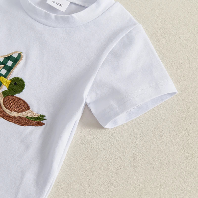 Baby Boys' Birthday Outfit Set - Cartoon Duck Letter Embroidery Short Sleeve Top & Plaid Shorts 2pcs