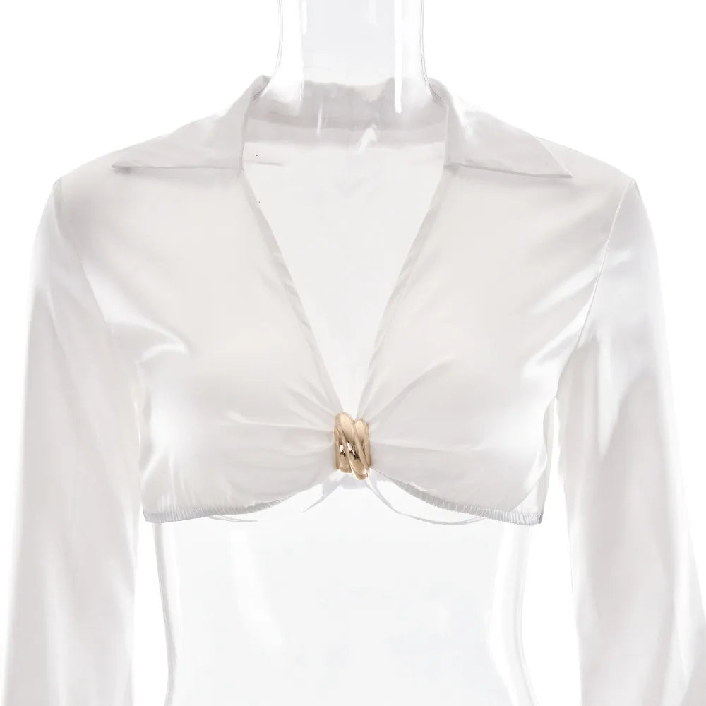 Women's Satin Long Sleeve 2 Piece Set - Deep V Neck Cropped Top & Matching Bottom