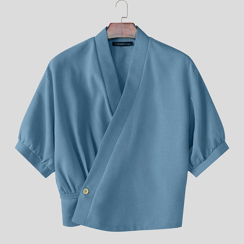 Korean Style Slanted Placket Collarless Long Sleeve Shirt