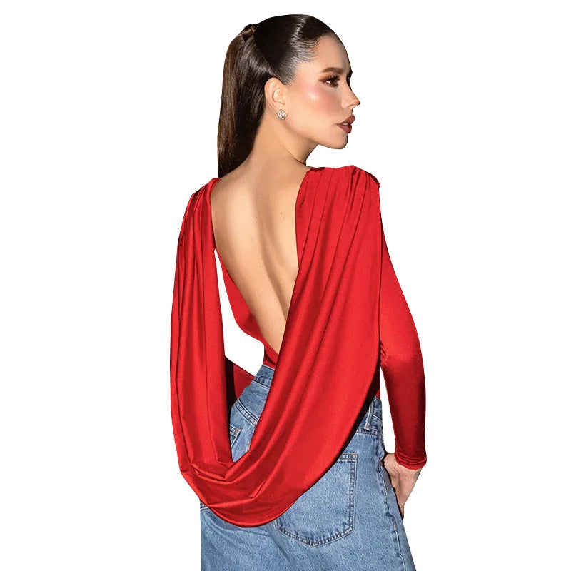 Women's Backless Long Sleeve Top Draped Bodysuit Round Neck Top Coquette