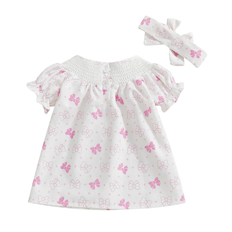 Baby Girls Summer Dress Set - Puff Sleeve Heart & Bow Embroidery with Headband