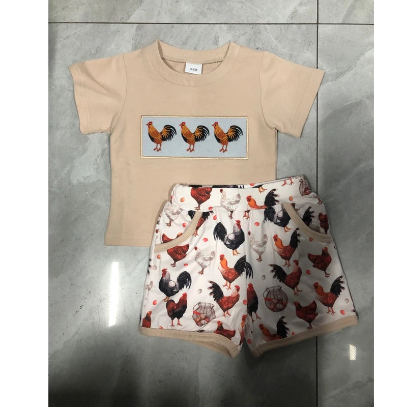 0-4Y Toddler Kids Boys Clothes Sets Rooster Embroidery Short Sleeve T-shirts Elastic Waist Shorts 2PCS