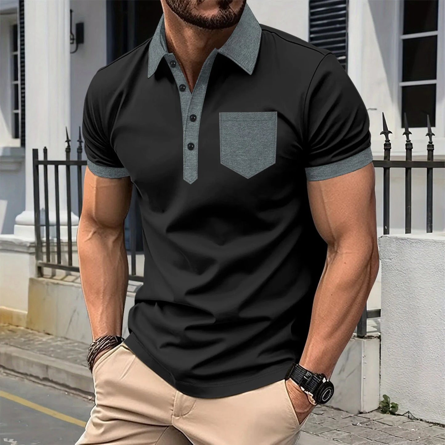 Men's Summer Short Sleeve Patchwork Turn Down Collar Smart Casual Polo Shirt