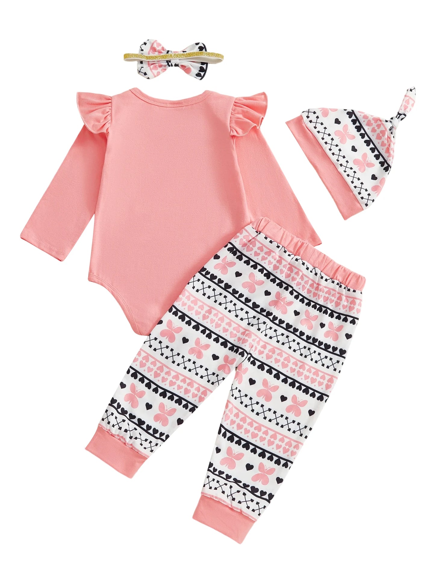 Newborn Baby Girls Boys Valentine's Day Outfit Set - Letter Print Romper with Butterfly Pants & Accessories 0-12M