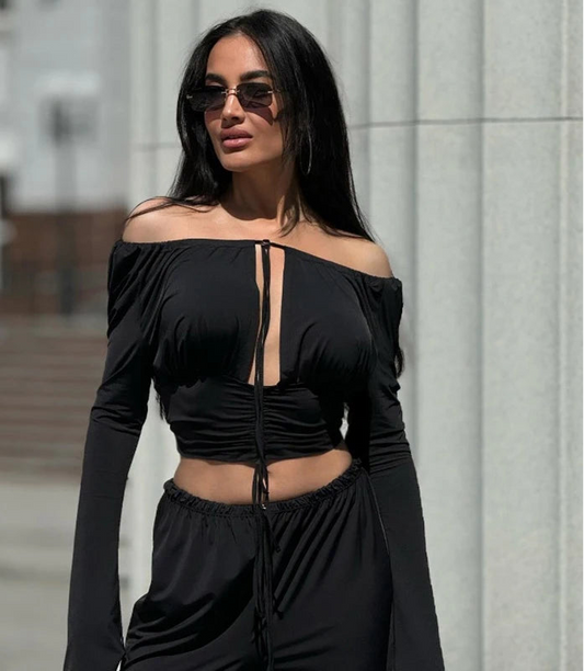 Women's Off Shoulder Tie Front Cropped Top with Cut Out Detail