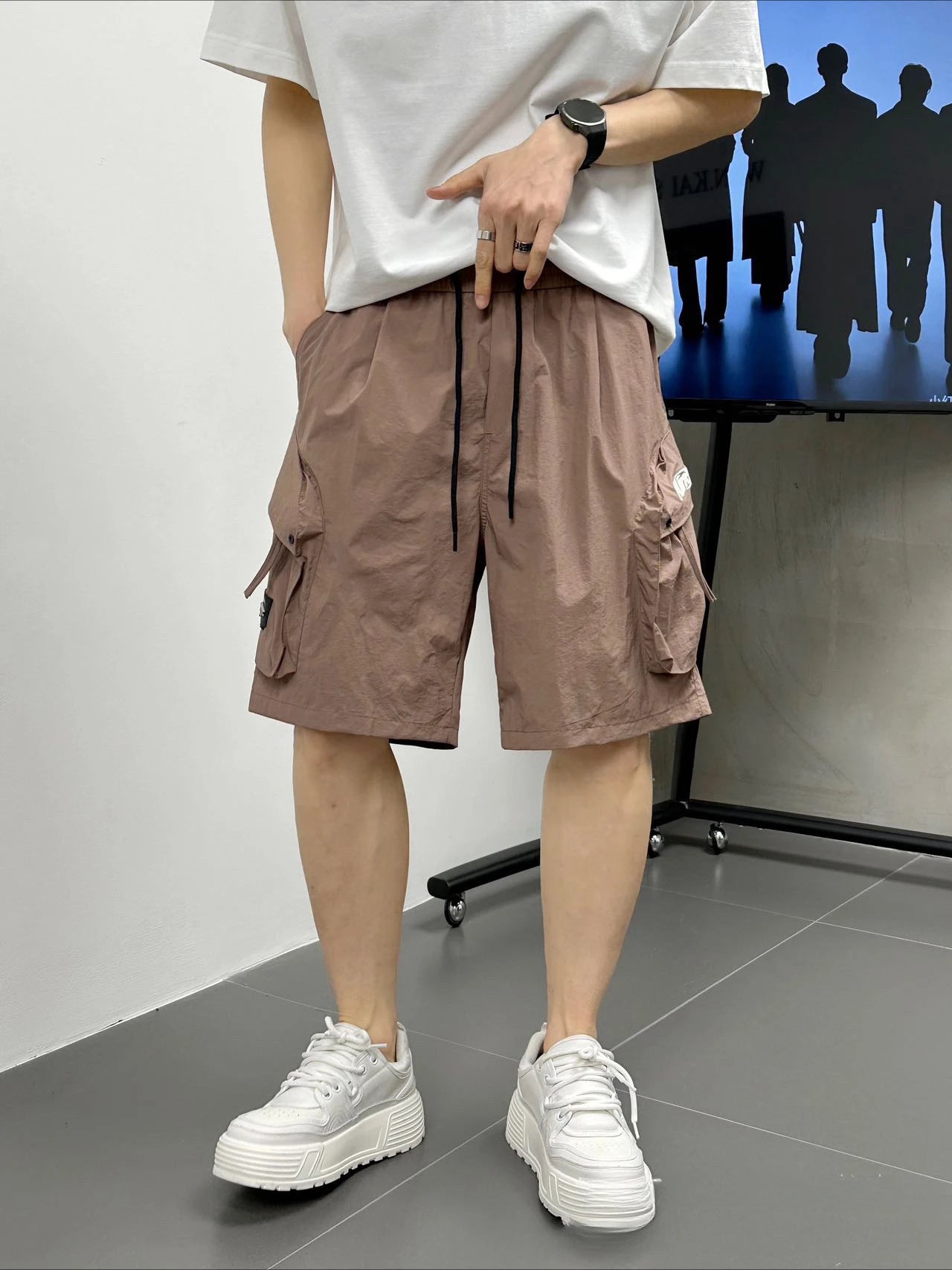Men's Casual Cargo Shorts Knee Length Summer Drawstring Shorts