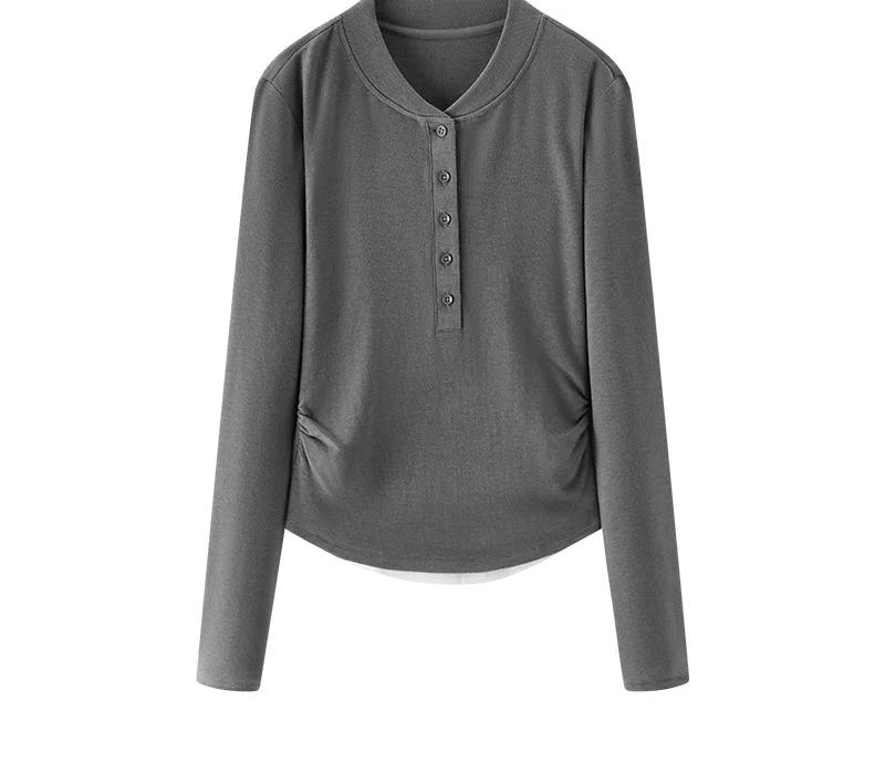 Long Sleeve Cropped Thermal Fleece Layered Henley Neck Slim Fit Top