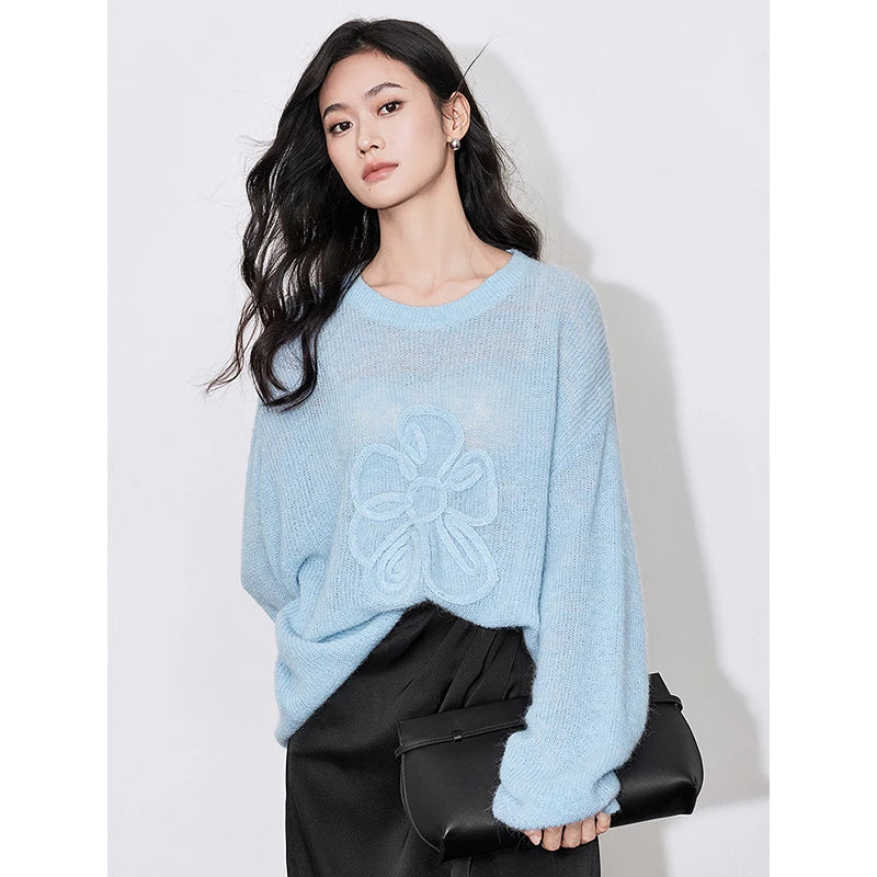 Women Knitted Flower Pattern Horse Hairy Long Sleeve Lazy Style Pullover Sweater