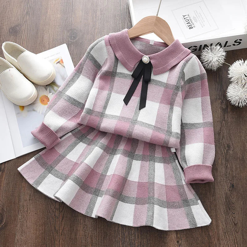 Girls' Knitted Embroidery Sweater & Skirt Set – Autumn Winter 2-Piece Outfit