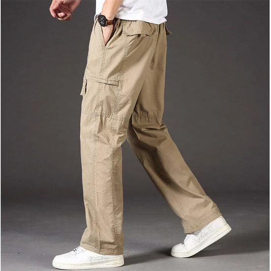 Men's Cotton Cargo Pants - Spring Autumn Multi-Pocket Drawstring Trousers