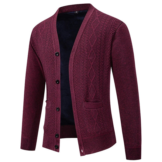 V-Neck Knit Cardigan - Casual Solid Colour Sweater Coat