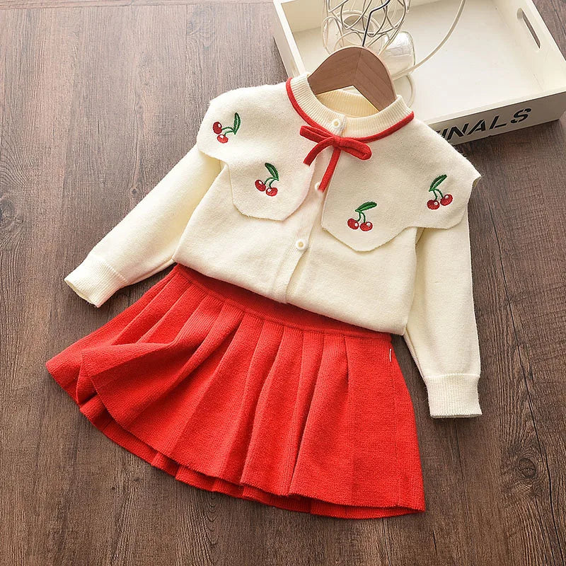 Girls' Knitted Embroidery Sweater & Skirt Set – Autumn Winter 2-Piece Outfit