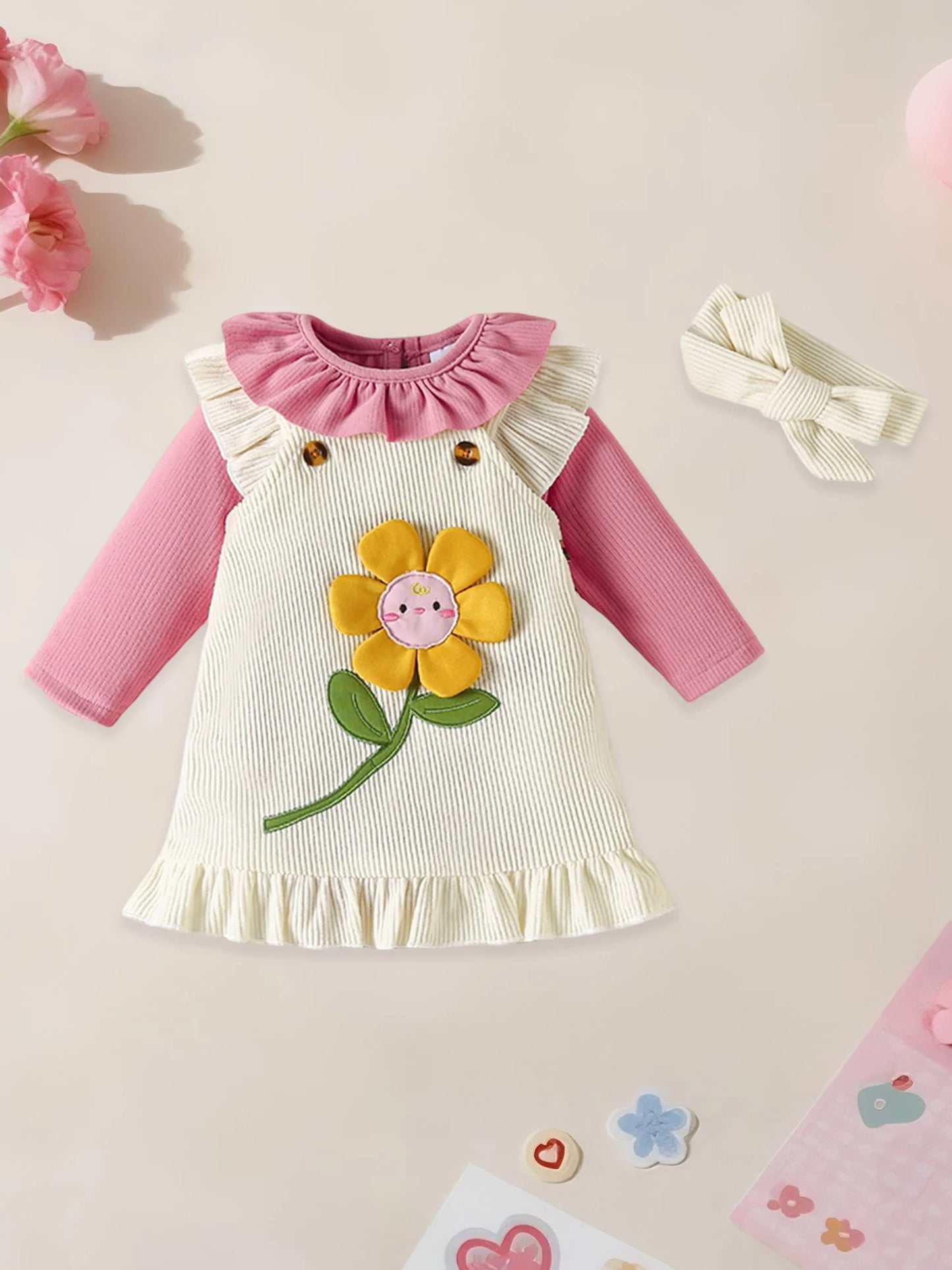 Baby Girls Sunflower Embroidery Outfit Set - Ruffled Long Sleeve Romper Dress & Bow Headband (0-18M)