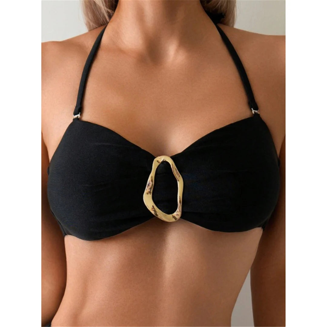 Women's Metal Ring Halter Swimsuit High Waist Bikini  Swimwear Two-pieces Bikini set