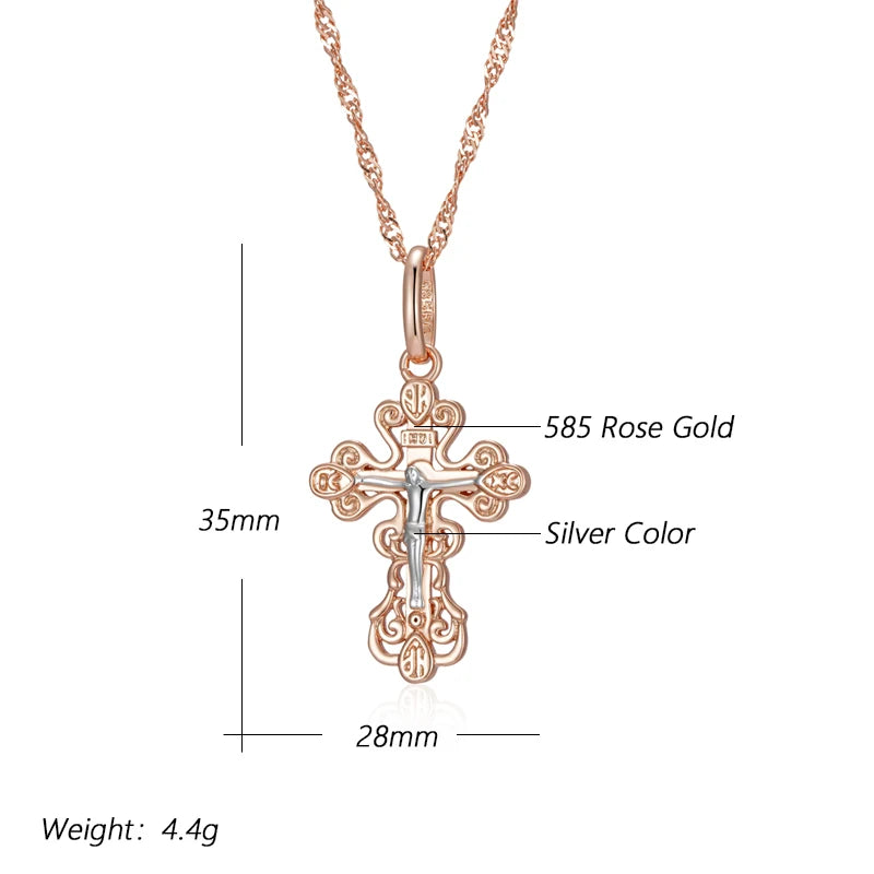 Unisex Orthodox Church Cross Pendant Necklace 585 Rose Gold Silver Colour