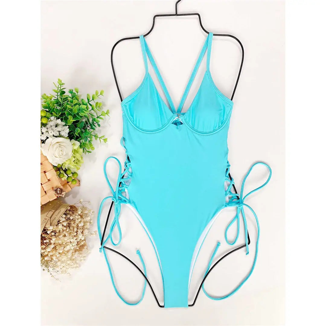 Women's Lace Up Underwired One Piece Swimwear Backless Swimsuit