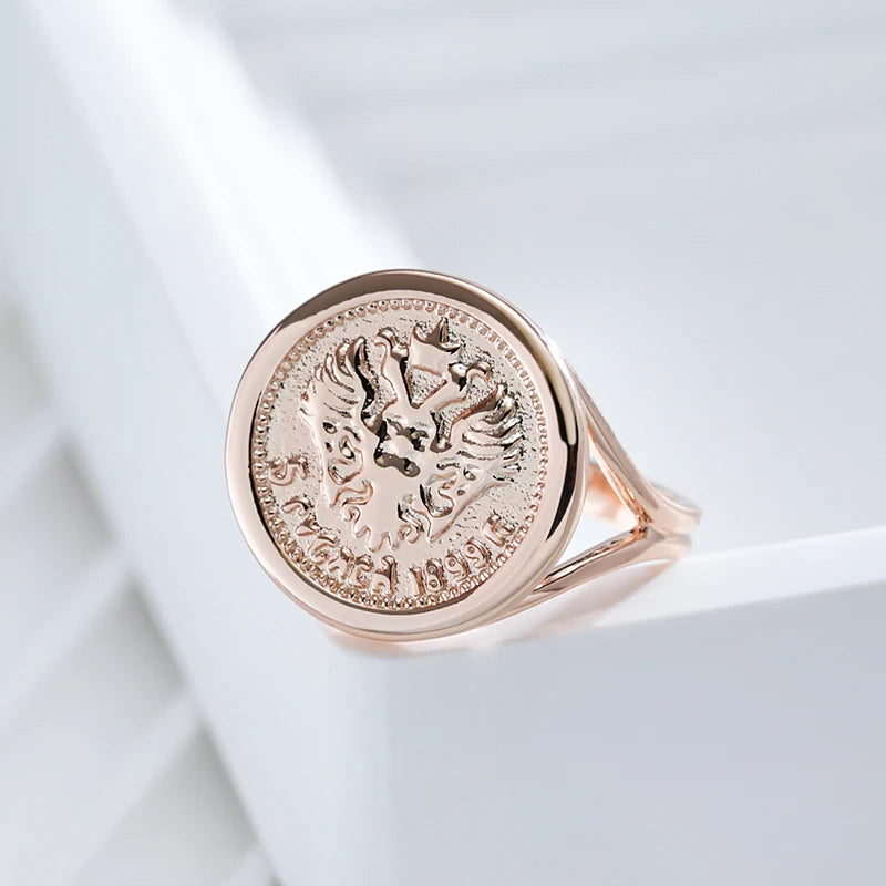 585 Rose Gold Colour Antique Big  Round Shape Carved Totem Ethnic Ring