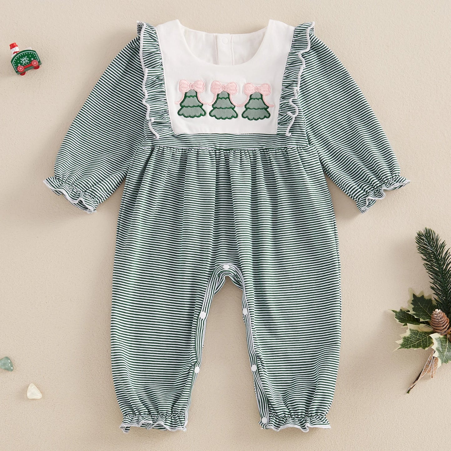 Christmas Santa and Tree Embroidery Plaid Romper - Baby Boys Girls Jumpsuit
