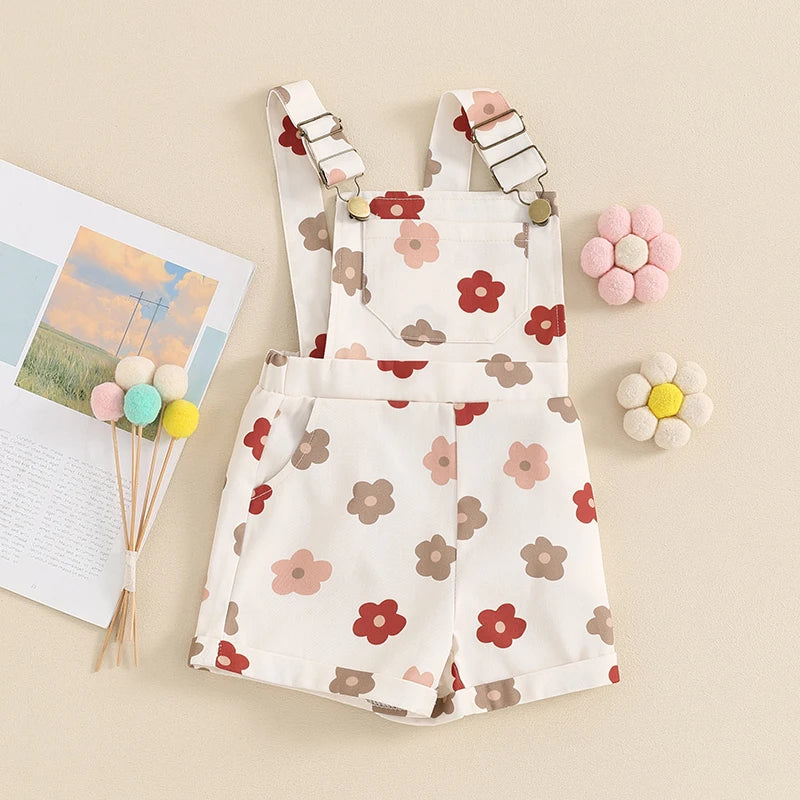 Kids Girls Overalls Shorts 0-6Y Sleeveless Straps Strawberry/Flower Print Denim Button Pocket Jumpsuit