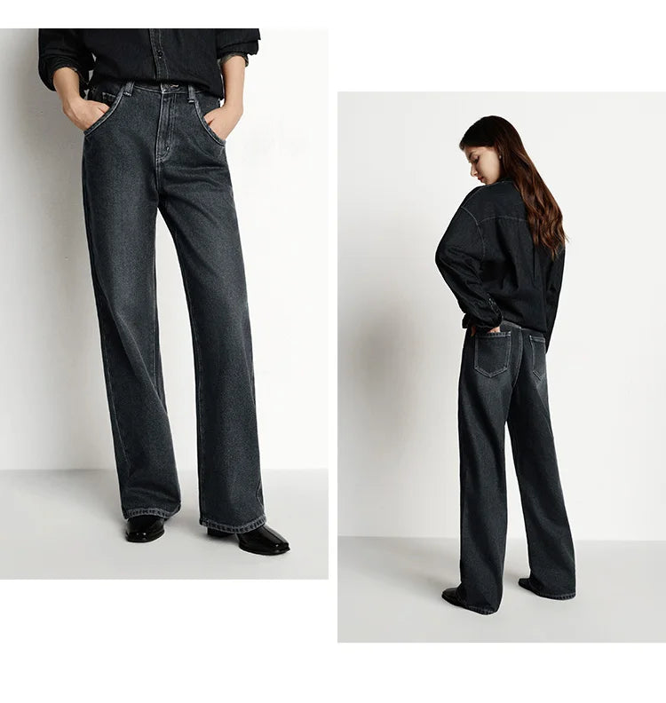 Wide Leg Fleece Lined High Waist Jeans - Women's Floor-Length Winter Denim