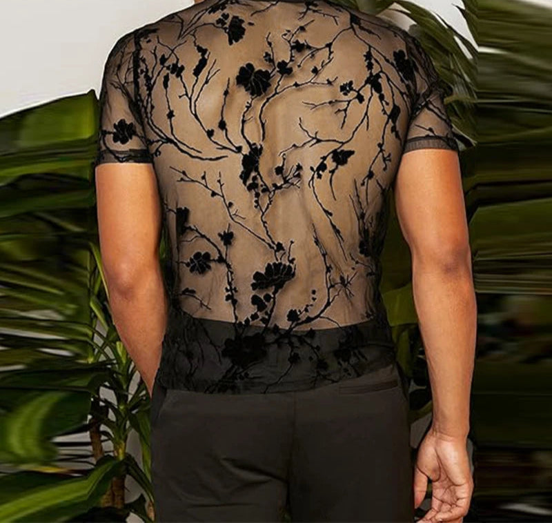 Men's Mesh Striped Round Neck Short Sleeve Transparent T-Shirt