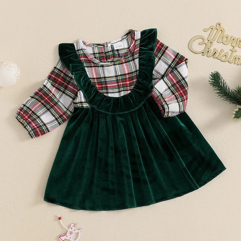 0-4Y Girl Christmas Plaid Print Velvet Patchwork Long Sleeve Crew Neck Ruffled A-Line Dress