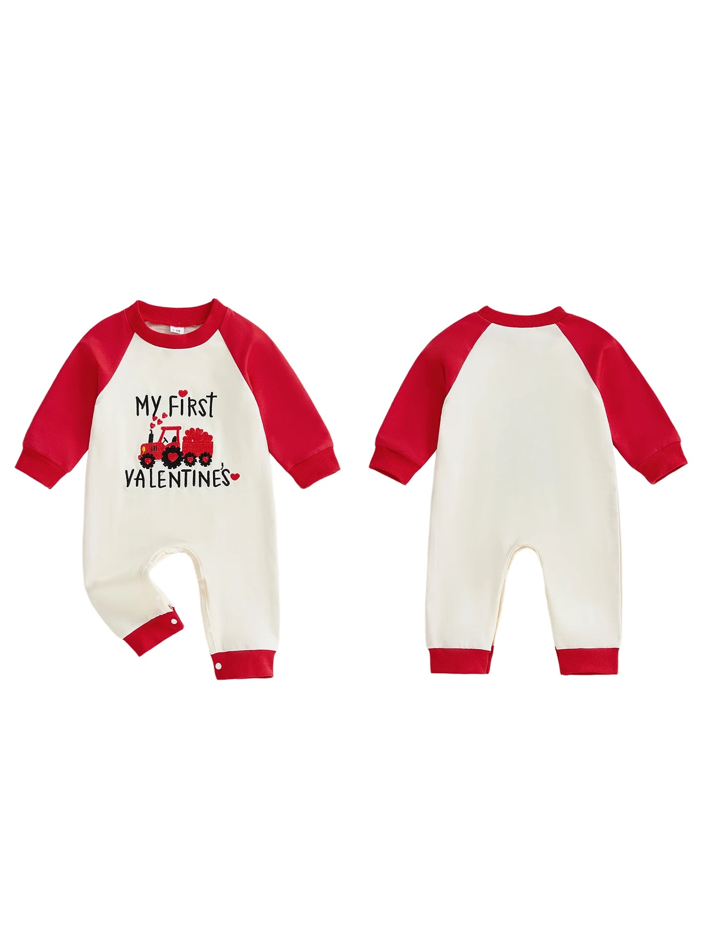 Newborn Baby Boys Valentine's Romper - Love Heart Tractor Embroidery