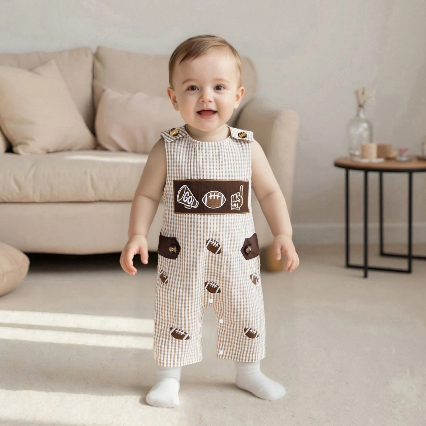 Baby Plaid Romper Overalls - Sleeveless Football Embroidery Jumpsuit (0-18M)