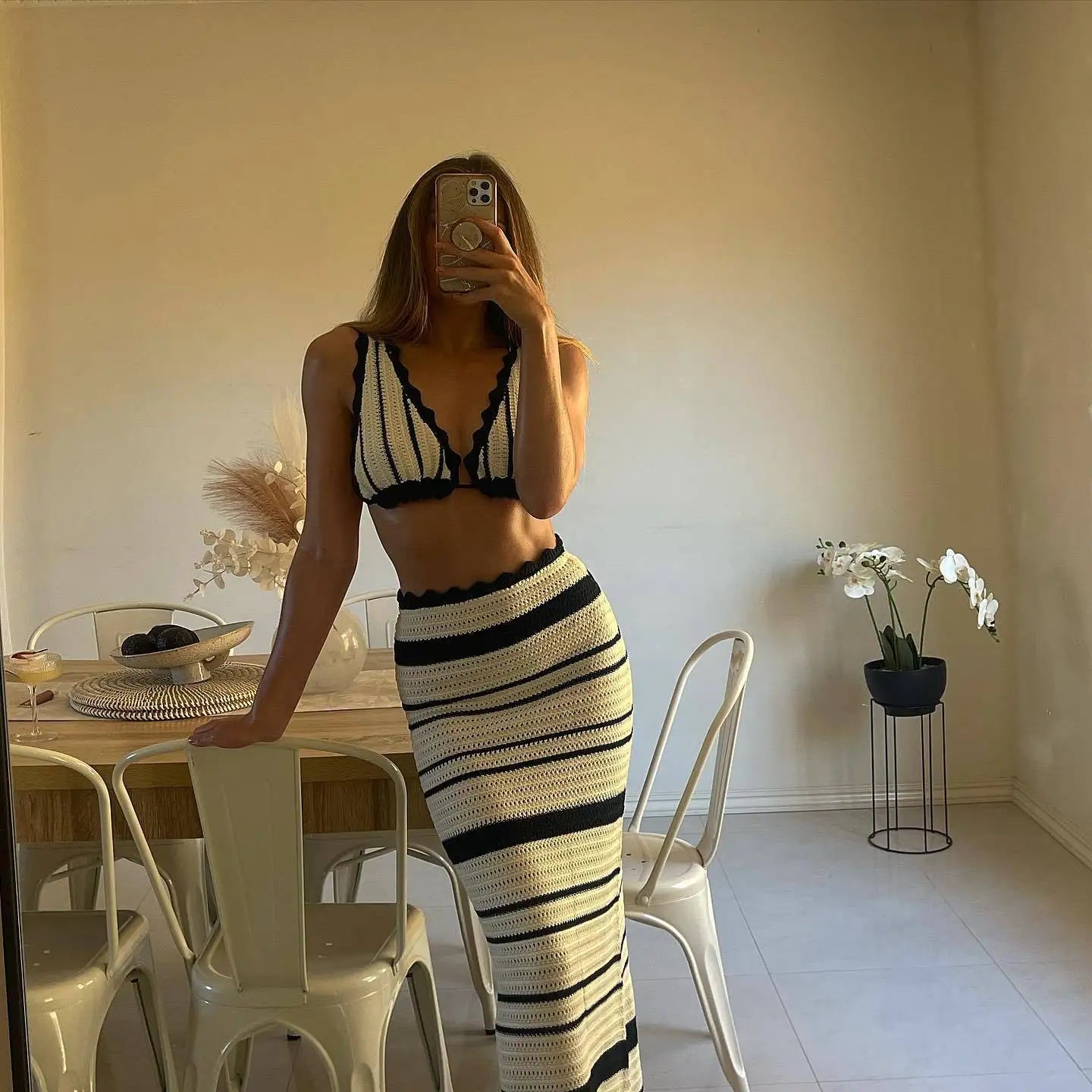 Women's Summer Beachwear Stripe Dress Set  -Deep V Neck Knitted Top and Skirt 2 Piece Sets