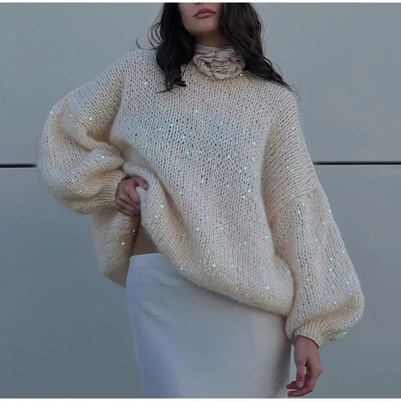 Women's Sequined Mohair  Loose Round neck Lantern Long Sleeve Glitter Knitted Pullover Sweater