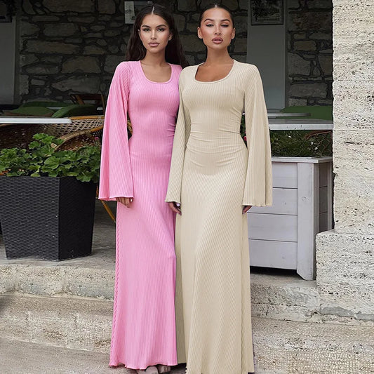 Women's Loose U Neck Ribbed Knit Long Back Bandage Lace Up Fall Flare Sleeve Maxi Dress