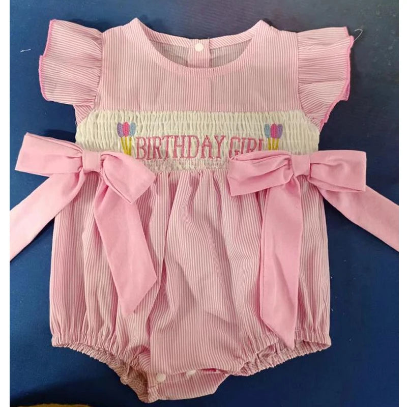 Baby Girls Birthday Romper - Striped Print Letter Embroidery Ruffled Jumpsuit