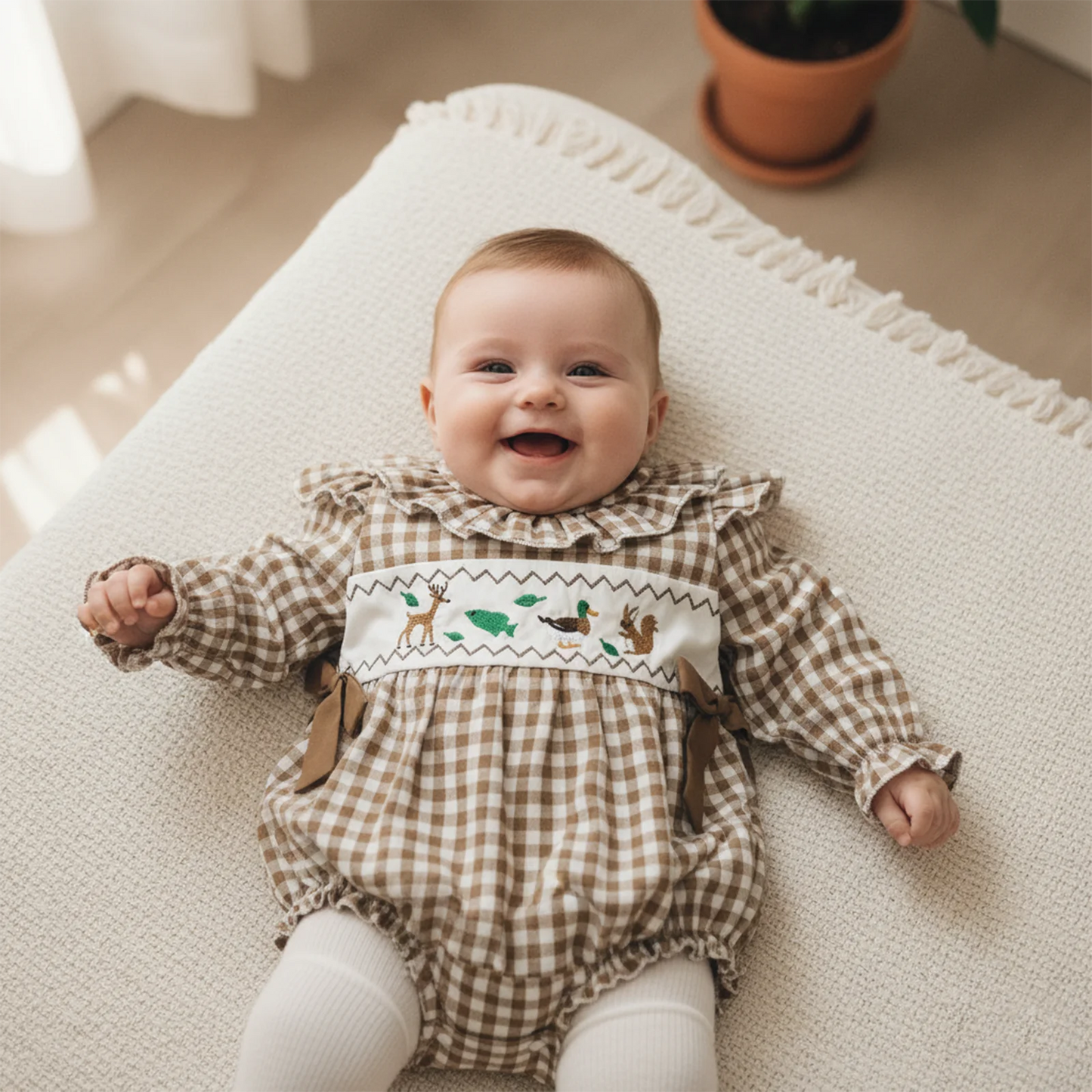 Baby Girls Boys Autumn Winter Plaid Long Sleeve Ruffle Collar Animal Embroidery Romper